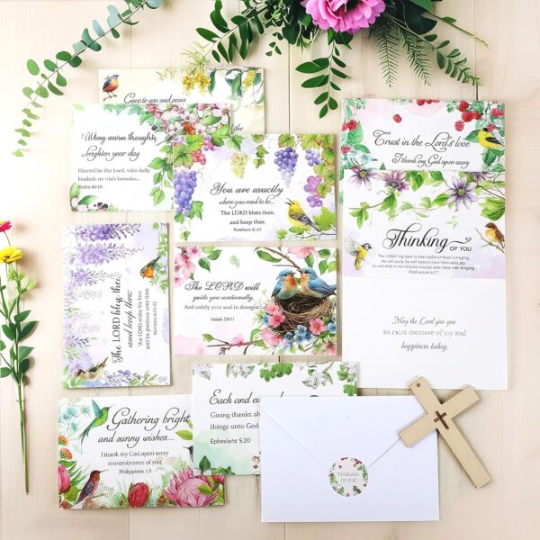 50 Pcs Religious Thinking of You Cards Bulk with Biblical Scripture Verses Blessing 10 Designs 4 x 6 Inch Christian Inspirational Thinking of You Greeting Card with Envelopes(Flower Bird) - Image 3