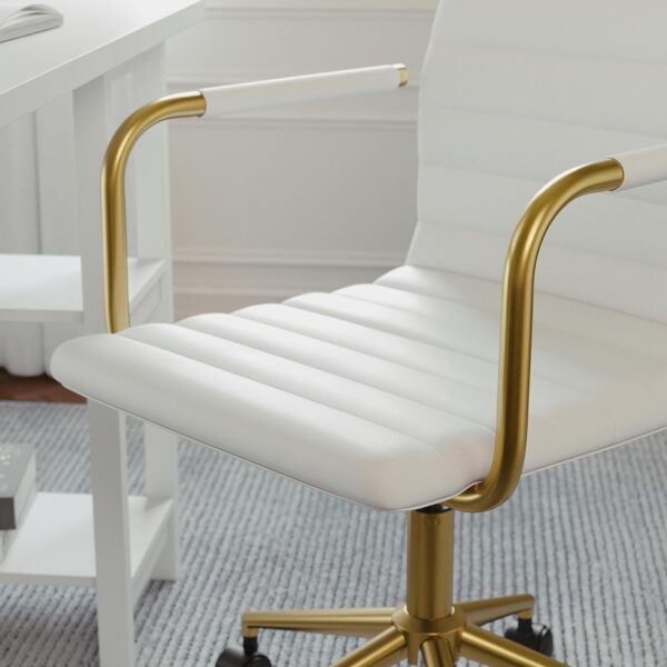 Martha Stewart Taytum Swivel Task Chair with Armrests for Home Office in White Faux Leather with Polished Brass Frame - Image 8