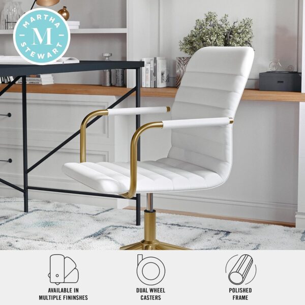 Martha Stewart Taytum Swivel Task Chair with Armrests for Home Office in White Faux Leather with Polished Brass Frame - Image 5
