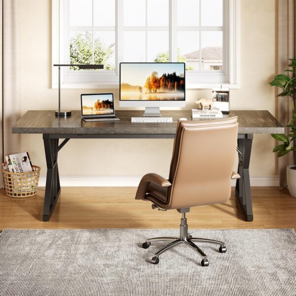 LITTLE TREE 70.8-Inch Large Executive Desk, Extra Long Computer Office Desk Workstation, Modern Simple Style Laptop Table, Sturdy Wooden Writing Workstation for Home Black Oak - Image 8