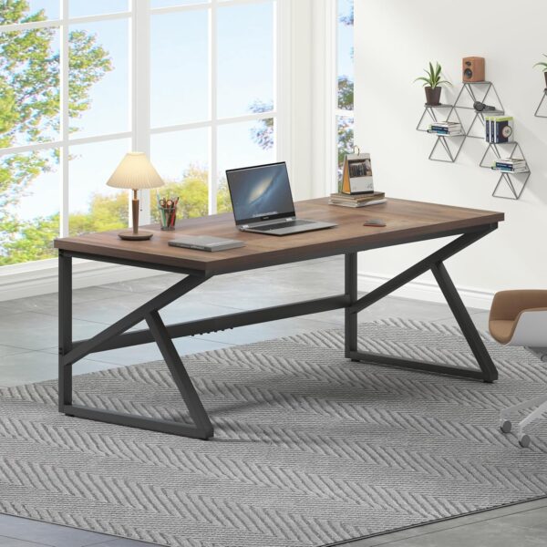 HSH Large Home Office Desk, Modern Wood Metal Computer Desk for Two Person, Extra Long Executive Writing Study Gaming Double Desk Workstation, 70 Inch Rustic Bedroom Living Room Table for 2 Monitors - Image 9