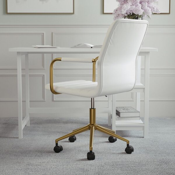 Martha Stewart Taytum Swivel Task Chair with Armrests for Home Office in White Faux Leather with Polished Brass Frame - Image 7