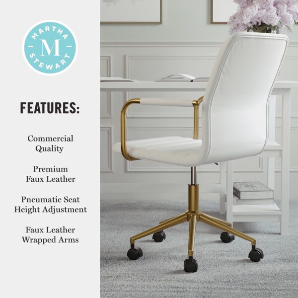 Martha Stewart Taytum Swivel Task Chair with Armrests for Home Office in White Faux Leather with Polished Brass Frame - Image 9