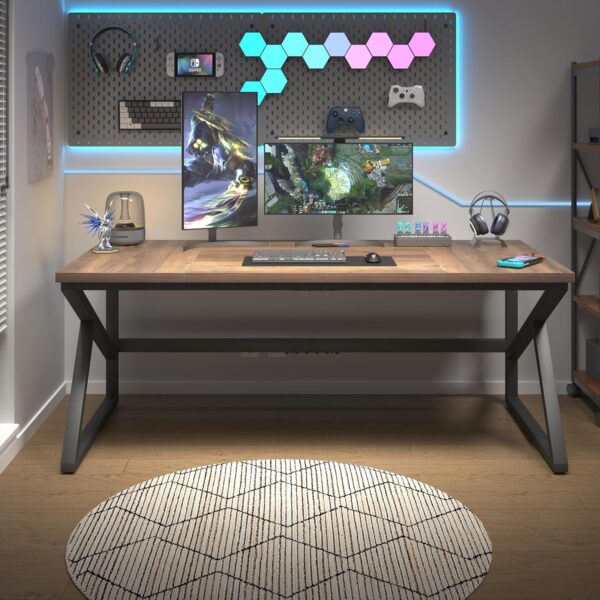 HSH Large Home Office Desk, Modern Wood Metal Computer Desk for Two Person, Extra Long Executive Writing Study Gaming Double Desk Workstation, 70 Inch Rustic Bedroom Living Room Table for 2 Monitors - Image 4