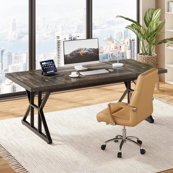 LITTLE TREE 70.8-Inch Large Executive Desk, Extra Long Computer Office Desk Workstation, Modern Simple Style Laptop Table, Sturdy Wooden Writing Workstation for Home Black Oak - Image 2
