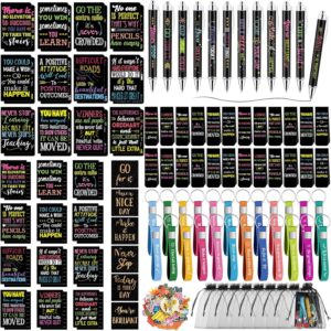 Pasimy 218 Pcs Inspirational Stationery Gifts Motivational Mini Notepad Pen Quote Bookmarks Stress Relief Stickers Inspiring Silicone Keychains for Kid Adult School Office Appreciation (Dark)