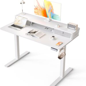 Electric Standing Desk with 2 Drawers 48''x 24'' Adjustable Height Sit to Stand Up Desk with Storage Shelf, C-Clamp Mount Compatible White Home Office Desks Computer Gaming Table Ergonomic Workstation