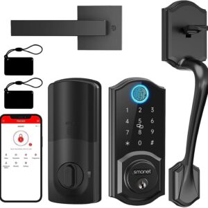 Smart Lock Front Door, SMONET Keyless Entry Door Lock with Handle, Smart Front Door Lock Set Fingerprint Smart Deadbolt Bluetooth Electronic Digital Keypad Lock, Auto Lock Work with Alexa, Black