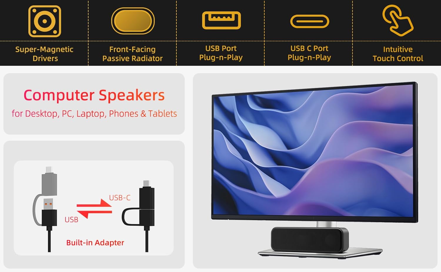 Computer Speakers for Desktop PC Laptop, Wired, USB Plug-in, External Speakers for Monitor, Small Computer Sound bar for PC, Loud Speaker with Deep Bass, Touch Control, Built-in USB-C to USB Adapter - Image 2