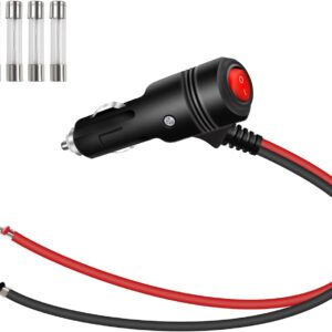 GELRHONR 16AWG Cigarette Lighter Extension Cable with Switch Button 12volt Replacement Cigarette Lighter Male Plug with Leads & LED Light,15A Fuse Heavy Duty Cord (0.3M)