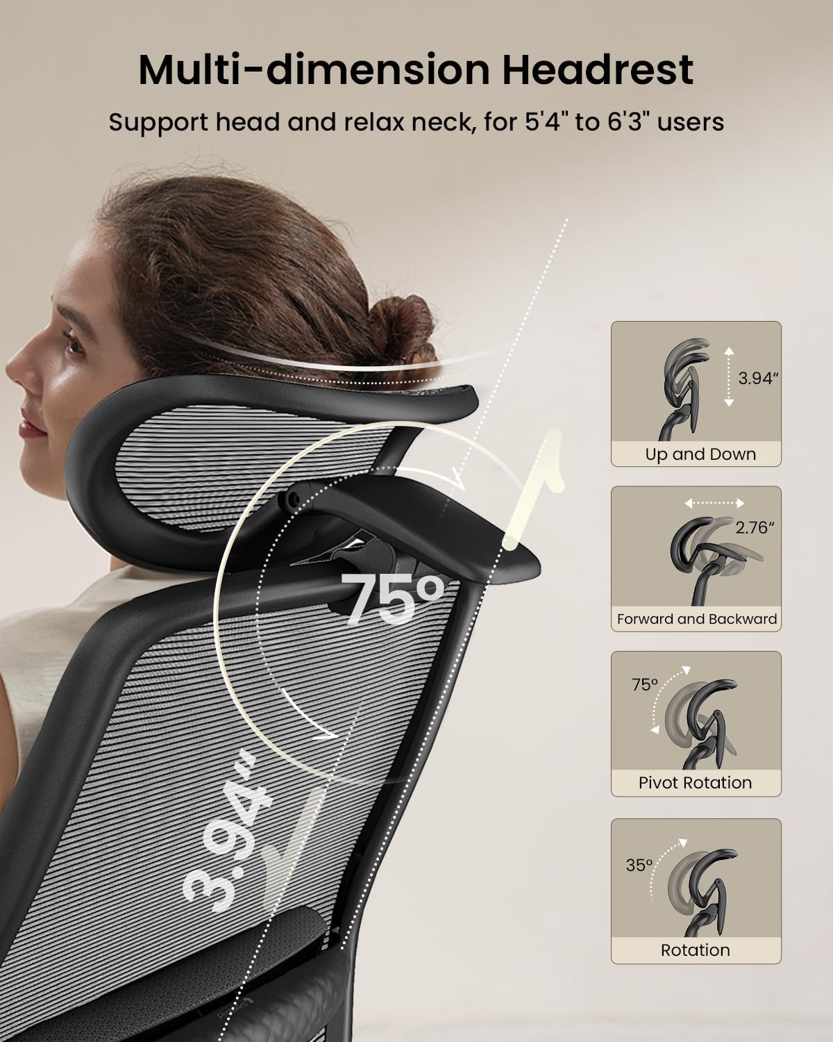 ProtoArc Ergonomic Office Chair – EC200 High-Back Mesh Computer Chair with Lumbar Support, 3D Adjustable Headrest & Sliding Seat for 8+ Hour Comfort, Big & Tall Home Office Desk Chairs - Black - Image 7