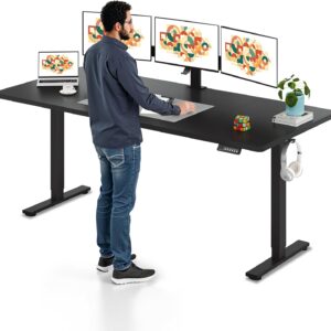 SANODESK Electric Standing Desk 79 x 32 Inches Height Adjustable Stand Up w/6-Button Ergonomic Computer Desk with Splice Board for Home Office, Black Frame + Black Tabletop