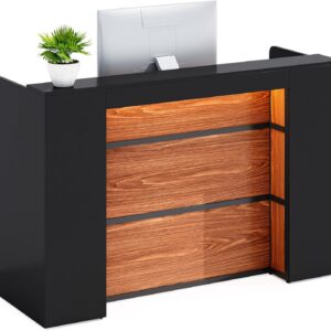 LITTLE TREE 63 Inches Reception Desk, Modern Reception Table with LED Light, Front Counter Desk, Wooden Checkout Counter for Lobbies, Salons, Retail, Home Offices, Reception Room, Black & Brown