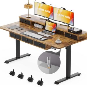 XINYAO Electric Standing Desk with 5 Drawers, 63x30 Inch Extra Wide Height Adjustable Sit Stand Up Desk with Storage Support 290lbs Ergonomic Rising Table with Wheels for Home Office