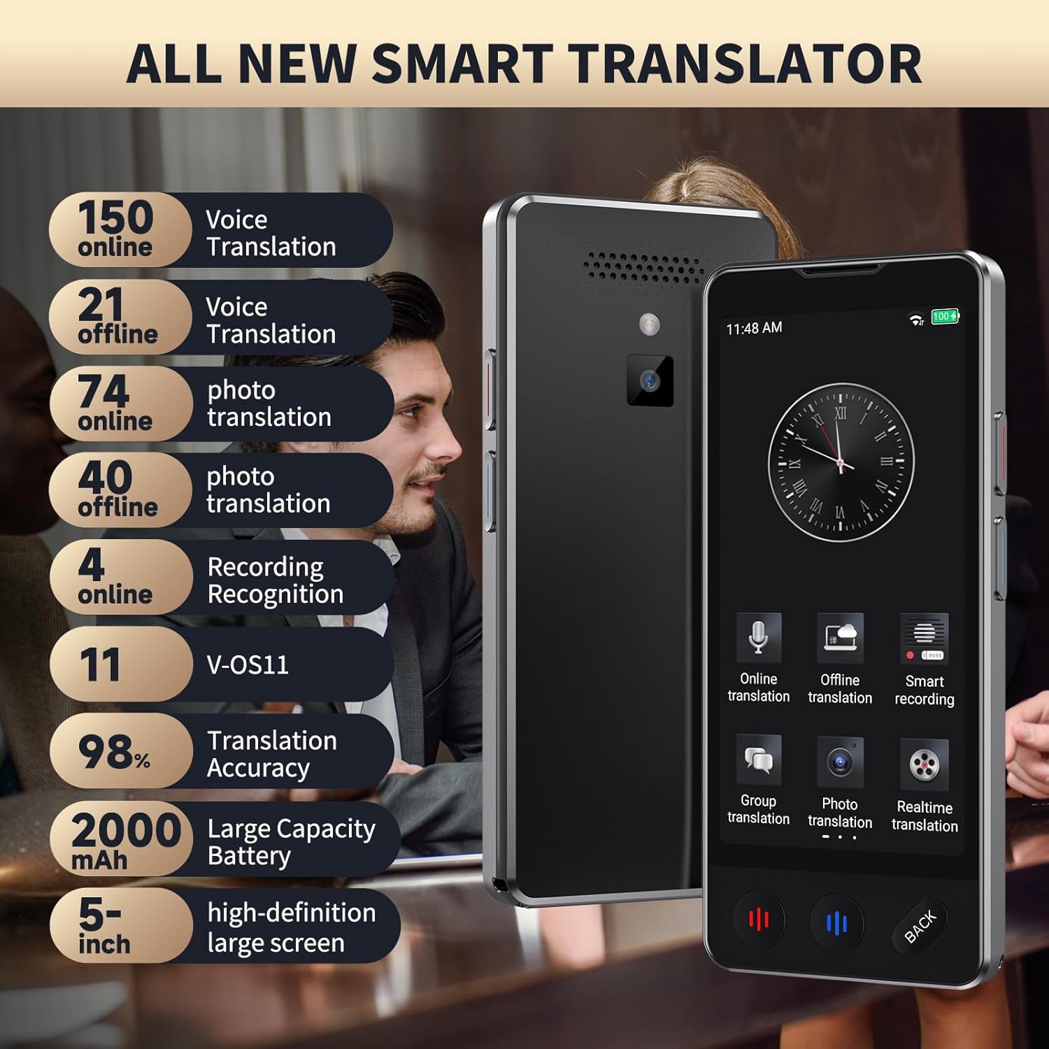 AI Language Translator Device, 2025 Upgraded Translator No WiFi Needed, Support ChatGPT, Voice Instant Two-Way 150 Language Translator, Offline/Recording/Photo Translation for Business Travel - Image 2