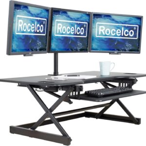 Rocelco 46" Large Height Adjustable Standing Desk Converter - Quick Sit Stand Up Triple Monitor Riser - Tall Gas Spring Assist Computer Workstation - Retractable Keyboard Tray - Black (R DADRB-46)
