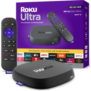Roku Ultra - Ultimate Streaming Player - 4K Streaming Device for TV with HDR10+, Dolby Vision & Atmos - Bluetooth & Wi-Fi 6- Rechargeable Voice Remote Pro with Backlit Buttons - Free & Live TV