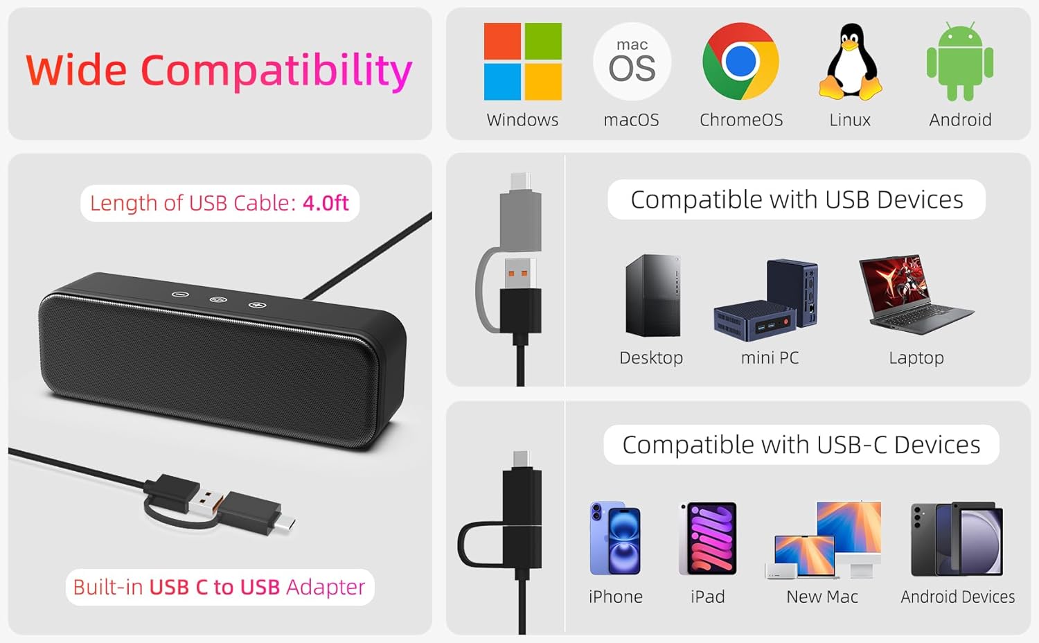 Computer Speakers for Desktop PC Laptop, Wired, USB Plug-in, External Speakers for Monitor, Small Computer Sound bar for PC, Loud Speaker with Deep Bass, Touch Control, Built-in USB-C to USB Adapter - Image 4