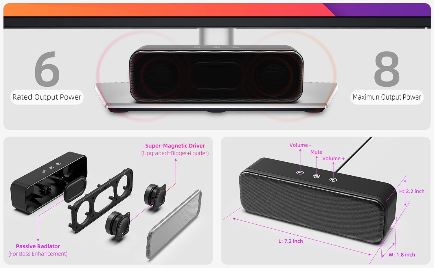 Computer Speakers for Desktop PC Laptop, Wired, USB Plug-in, External Speakers for Monitor, Small Computer Sound bar for PC, Loud Speaker with Deep Bass, Touch Control, Built-in USB-C to USB Adapter - Image 3