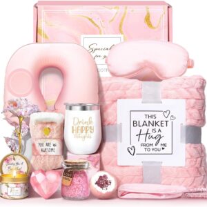 Birthday Gifts for Women Self Care Gifts Get Well Soon Gifts for Women,Relaxing Spa Gifts Basket w/Flannel Blanket Traveling Pillow Care Package christmas Birthday Gifts Idea for Mom Her Wife Friends