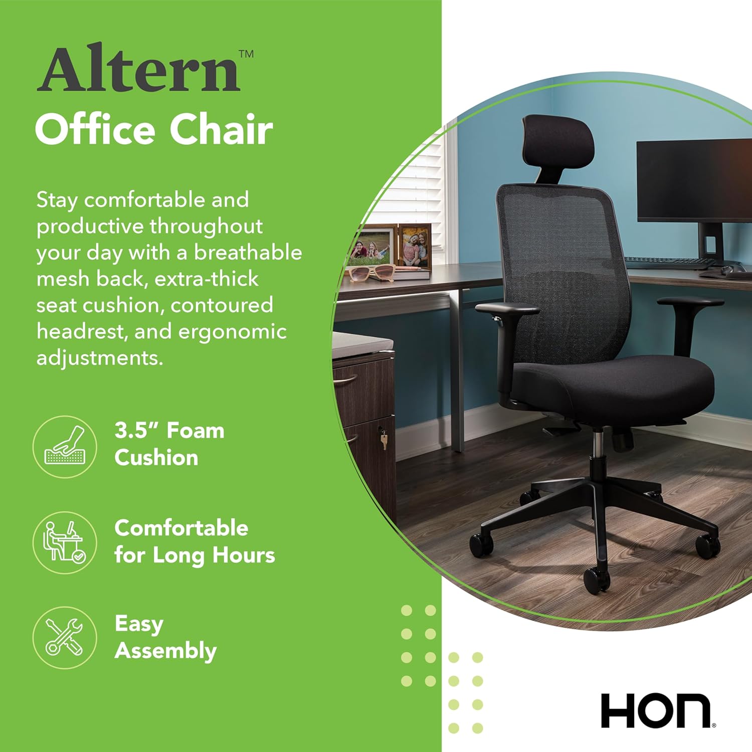HON Altern Ergonomic Office Chair with Headrest, Arms, Wheels, Foam Cushion Seat, Mid Back Home Office Desk Chair Comfy, Height Adjustable Arms, Synchro-Tilt, Seat-Slide, Black - Image 3