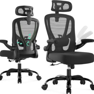 Office Chair Ergonomic Desk Chair - Mesh High Back Office Chair with Headrests Wheels Lumbar Support Home Desk Office Chairs Flip up Armrest Executive Rolling Swivel Task Computer Chair Black