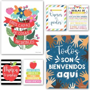 Hadley Designs 6 Spanish Classroom Decorations – Spanish Posters for Classroom, High School Decorations, Motivational Wall Art for Teachers and Students - Colorful Doodle Motivational Decor
