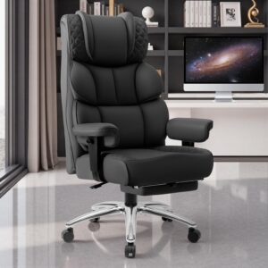 Office Desk Chair, Big and Tall Leather Gaming Chair with Footrest, Wide Ergonomic Comfy Executive High-Back Reclining Computer Chairs, Swivel Rolling Wheels and Padded Lumbar Support, Black