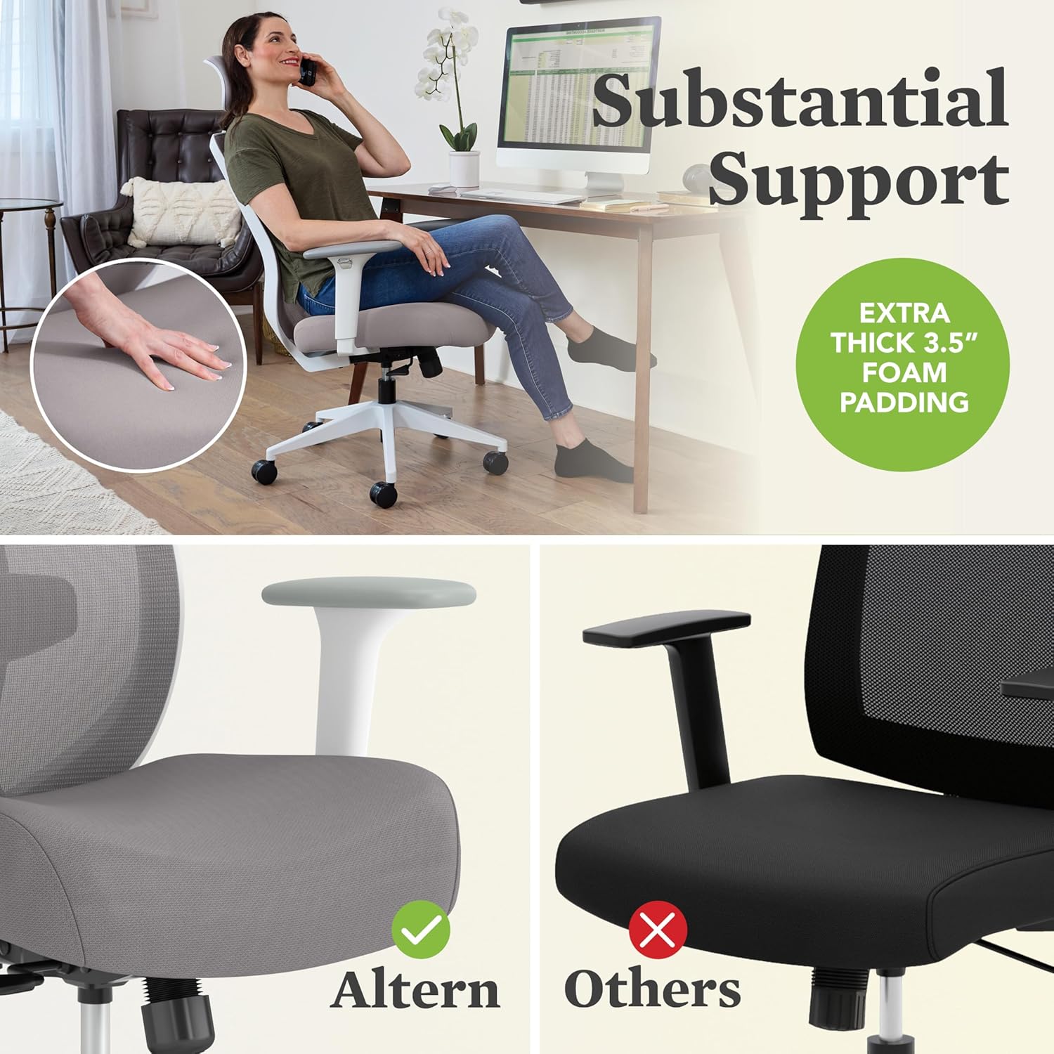 HON Altern Ergonomic Office Chair with Headrest, Arms, Wheels, Foam Cushion Seat, Mid Back Home Office Desk Chair Comfy, Height Adjustable Arms, Synchro-Tilt, Seat-Slide, Black - Image 5