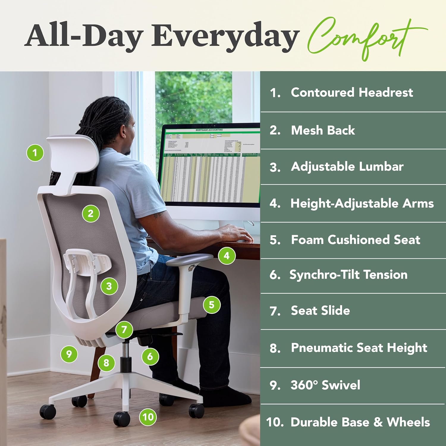 HON Altern Ergonomic Office Chair with Headrest, Arms, Wheels, Foam Cushion Seat, Mid Back Home Office Desk Chair Comfy, Height Adjustable Arms, Synchro-Tilt, Seat-Slide, Black - Image 4
