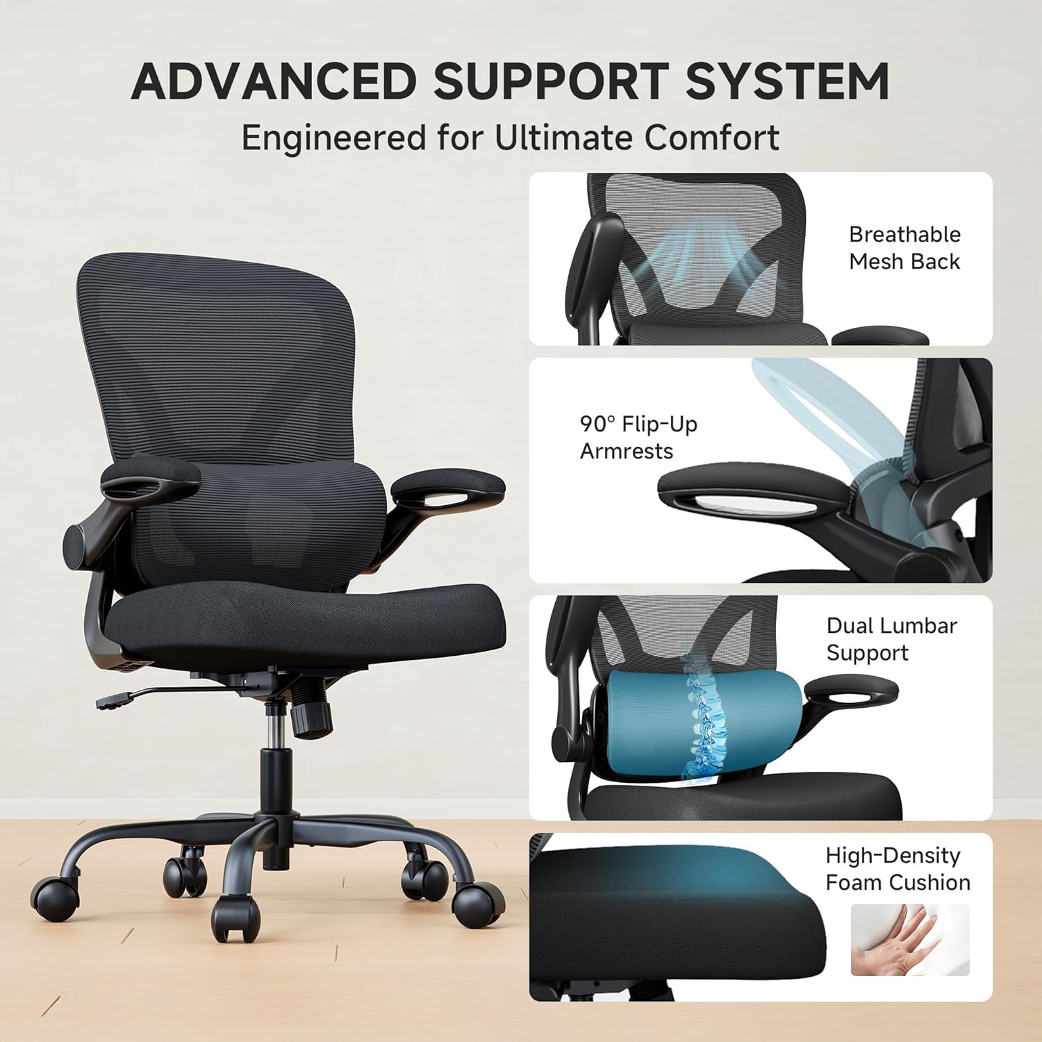 Office Chair with Adjustable Lumbar Support, Home Office Desk Chair with Flip-up Armrests, 330 lbs Mesh Computer Chair for Long Day Use, Black - Image 7