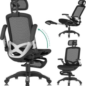 GABRYLLY Office Chair with Footrest, Ergonomic Desk Chair - 135° Recline Wide, 45° Flip-Up Arms,3D Headrest & Mesh Seat, High Back Home Gaming Chair for Adult Man Woman, 300LBS