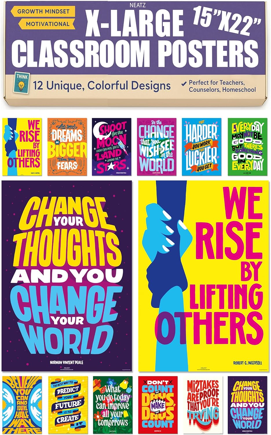 Neatz Growth Mindset Posters, Classroom Decor, For High School, Middle School, College & Home Office - Set of 12 Motivational Posters, 15 x 22” - Perfect as Classroom Decorations, Classroom Posters,