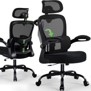 Office Chair Ergonomic Desk Chairs with Adjustable Lumbar Support& Headrest Hanger, High Back Breathable Mesh Chair with Wheels, Rolling Swivel Comfy Task Computer Chair for Home Work Gaming